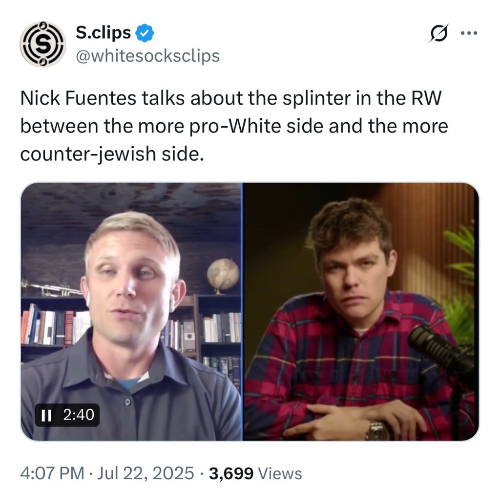 Nick Fuentes talks about the splinter in the RW between the more pro-White side and the more counter-jеwish&nbsp;side.