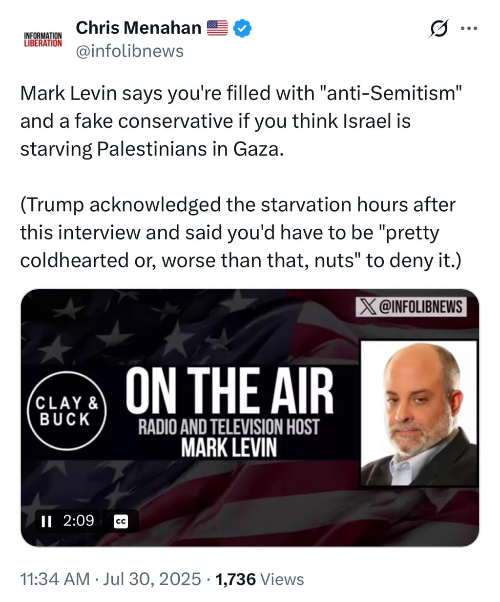Mark Levin says you’re filled with “anti-Semitism” and a fake conservative if you think Israel is starving Palestinians in&nbsp;Gaza.