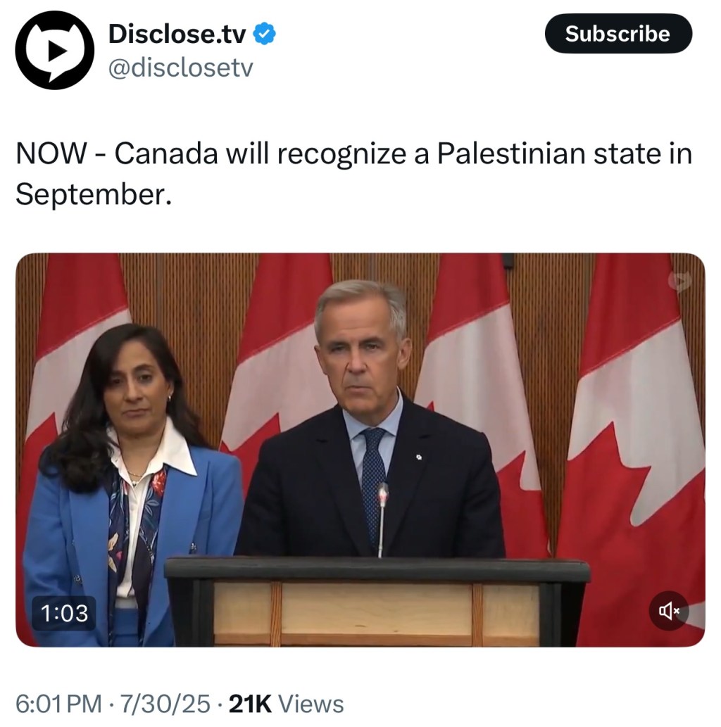 Canada Will Recognize Palestinian Statehood in&nbsp;September