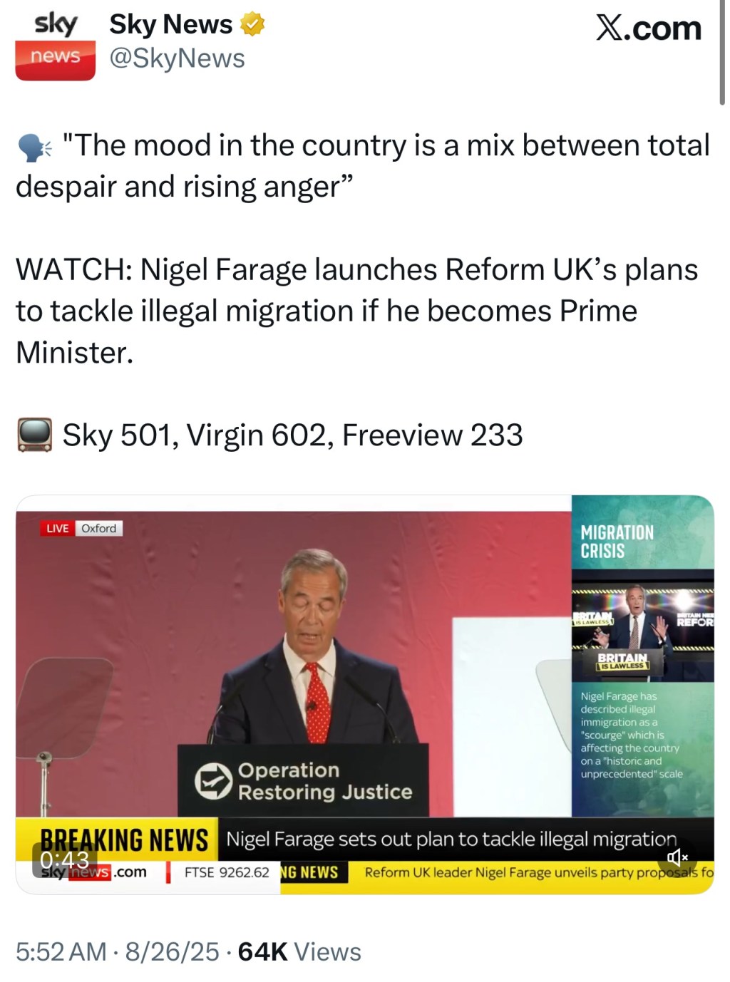 Farage on Mass Immigration in the UK: “The mood in the country is a mix between total despair and rising&nbsp;anger”