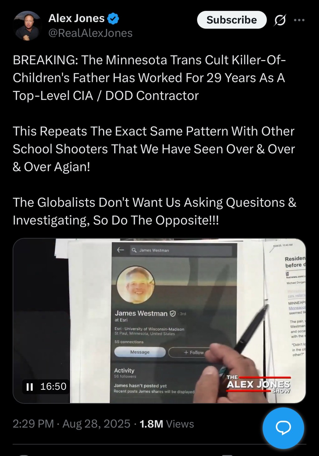 The Minnesota Trans Cult Killer-Of-Children’s Father Has Worked For 29 Years As A Top-Level CIA / DOD&nbsp;Contractor