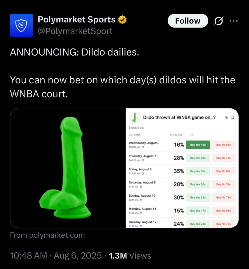 Polymarket now offering betting on dildo throwing at WNBA&nbsp;games