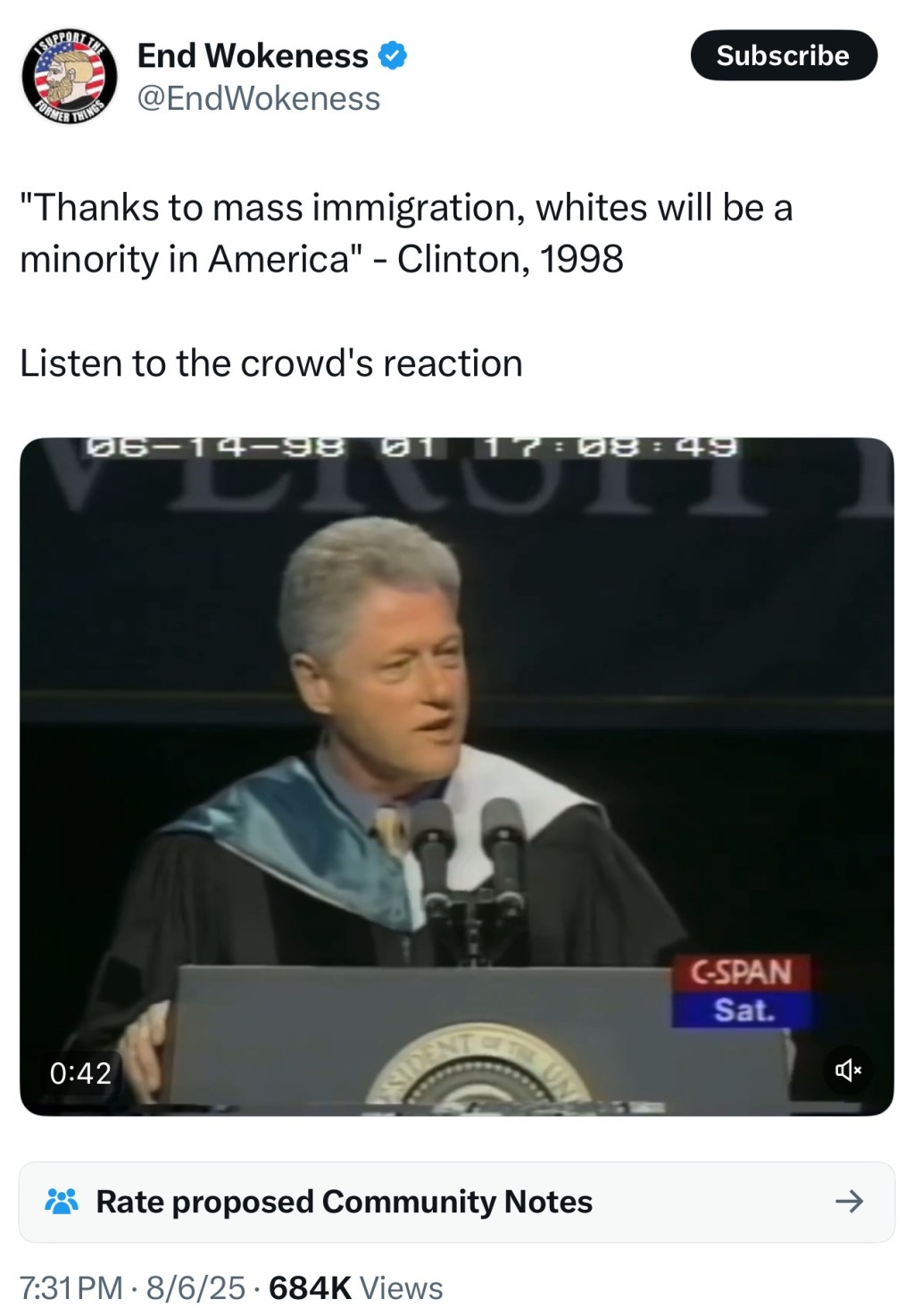 “Thanks to mass immigration, whites will be a minority in America” – Clinton,&nbsp;1998