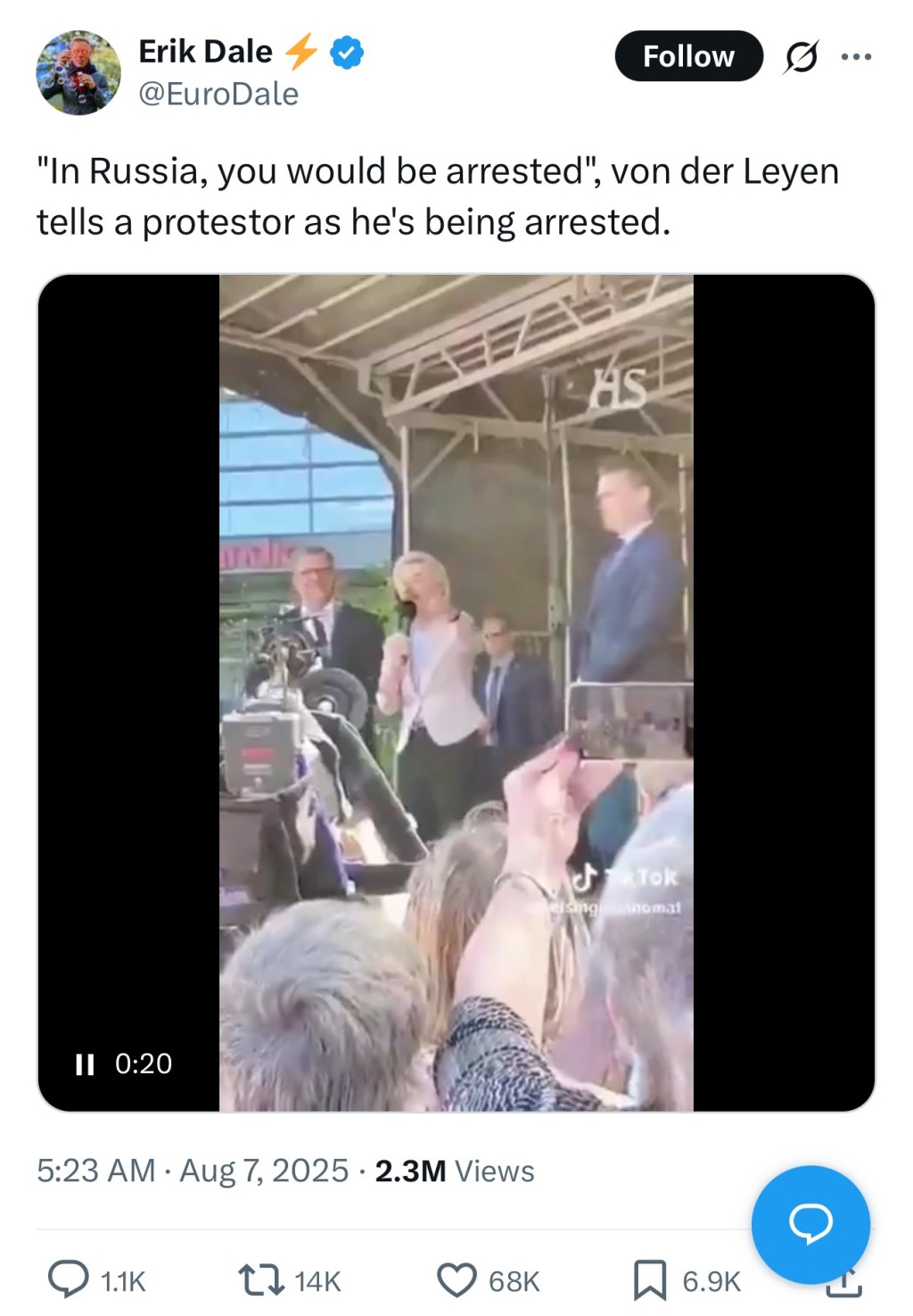 “In Russia, you would be arrested”, von der Leyen tells a protestor as he’s being&nbsp;arrested.