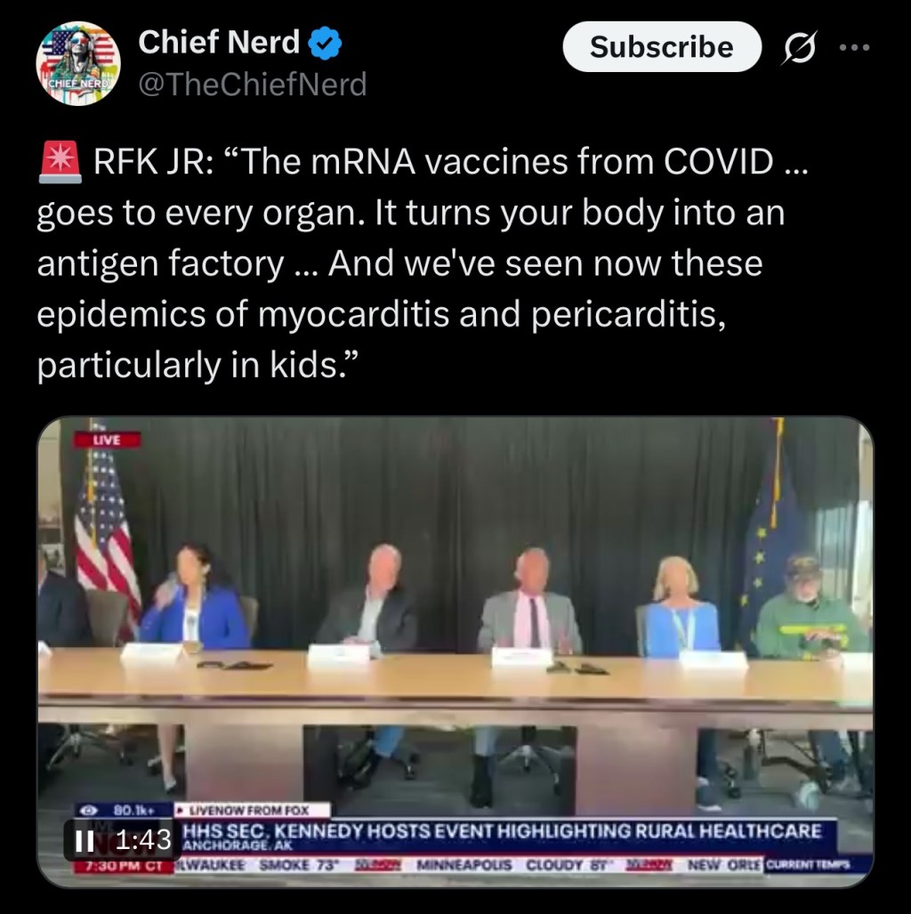 RFK JR: “The mRNA vaccines from COVID … goes to every organ. It turns your body into an antigen factory … And we’ve seen now these epidemics of myocarditis and pericarditis, particularly in&nbsp;kids.”
