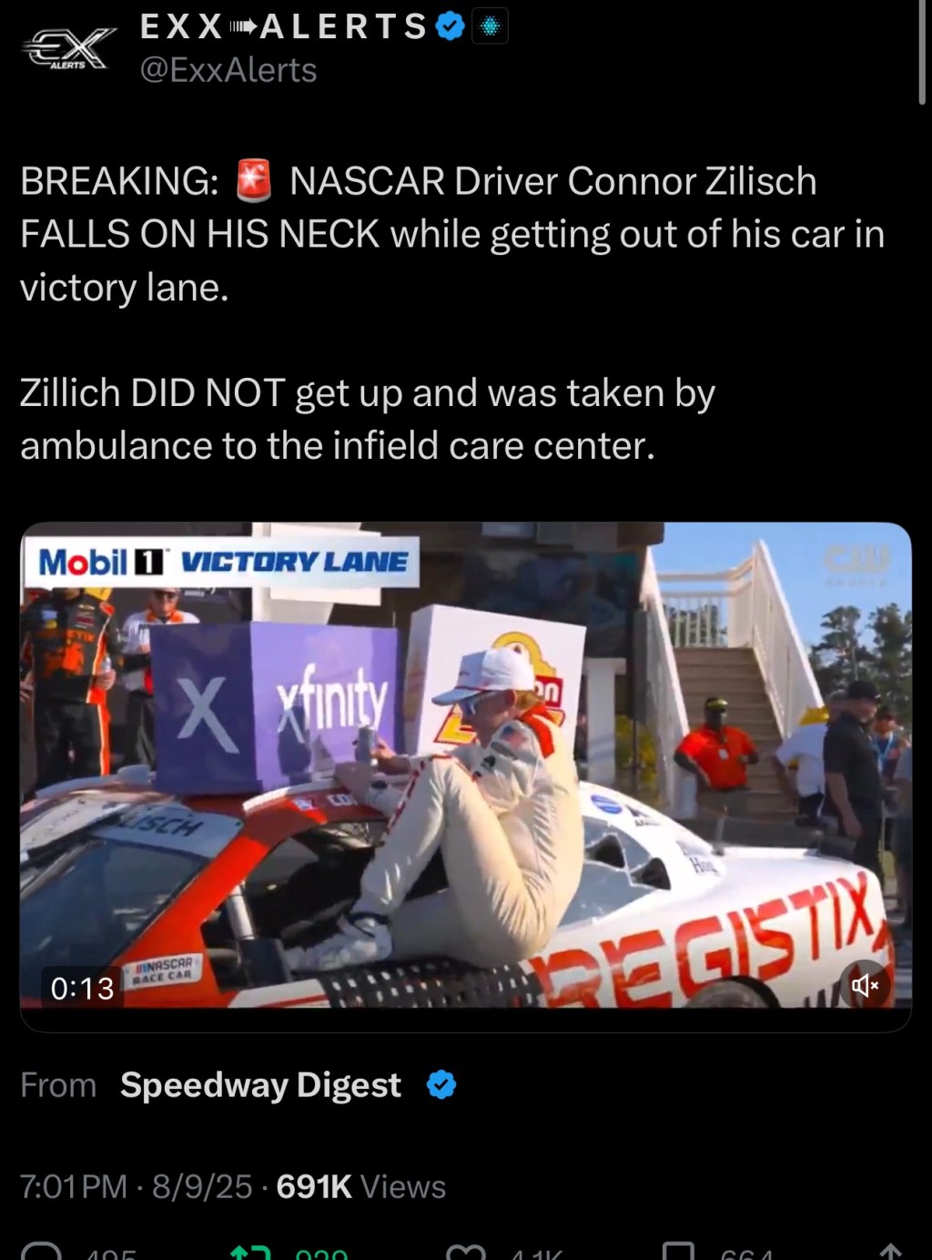 NASCAR Driver Connor Zilisch FALLS ON HIS NECK while getting out of his car in victory&nbsp;lane