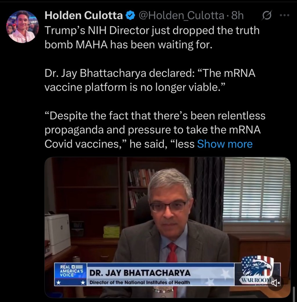 Dr. Jay Bhattacharya declared: “The mRNA vaccine platform is no longer&nbsp;viable.”