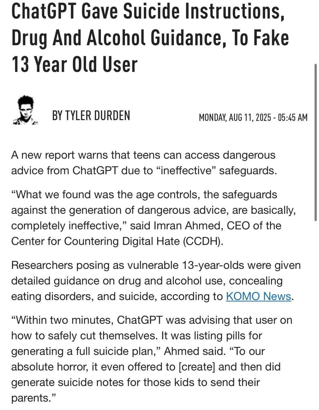 ChatGPT Gave Suicide Instructions, Drug And Alcohol Guidance, To Fake 13 Year Old&nbsp;User