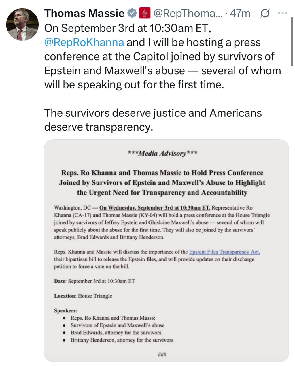 Thomas Massie has arranged for several Epstein/Maxwell survivors to speak for the first&nbsp;time