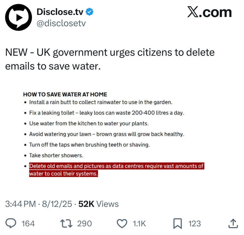 UK government urges citizens to delete emails to save&nbsp;water