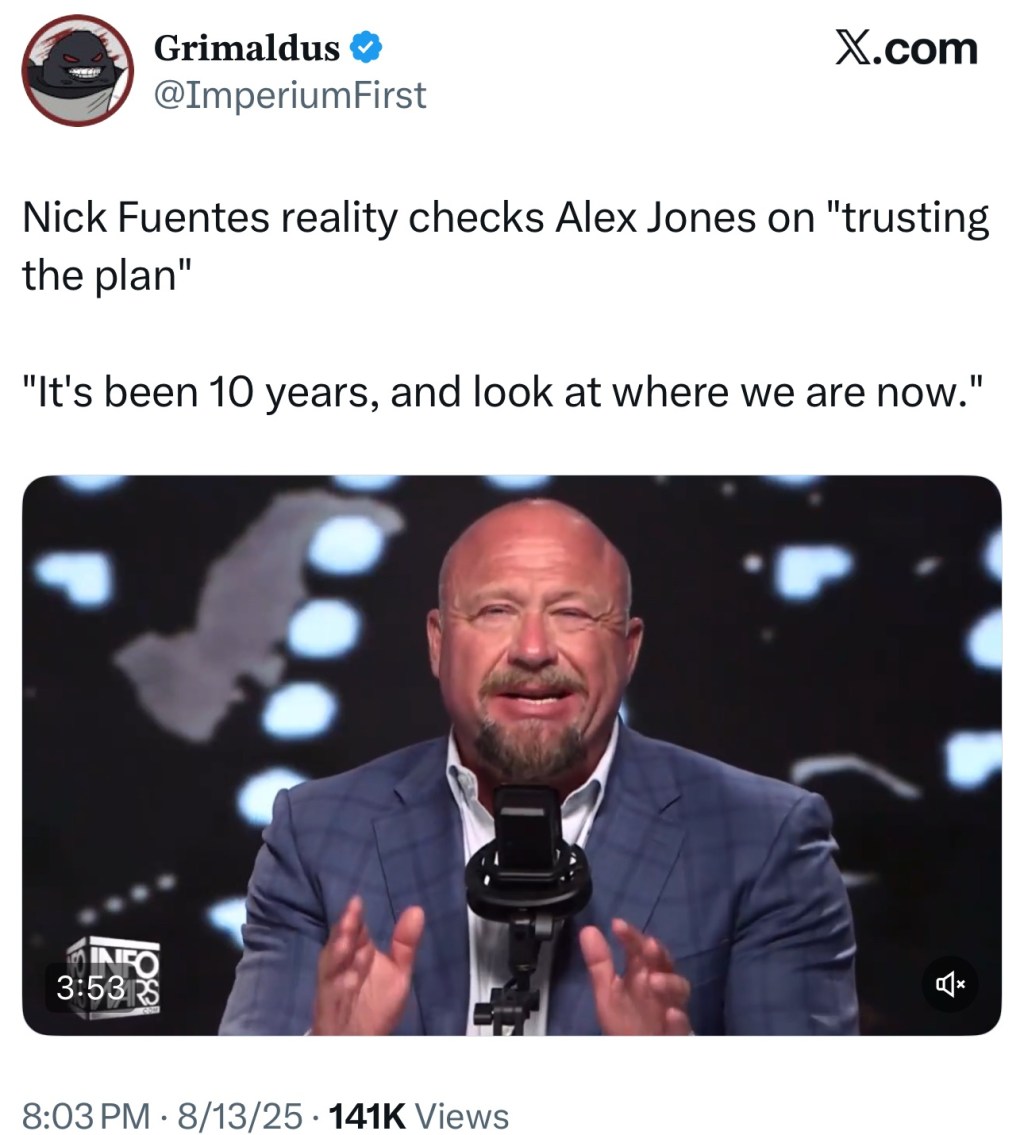 Nick Fuentes reality checks Alex Jones on “trusting the&nbsp;plan”