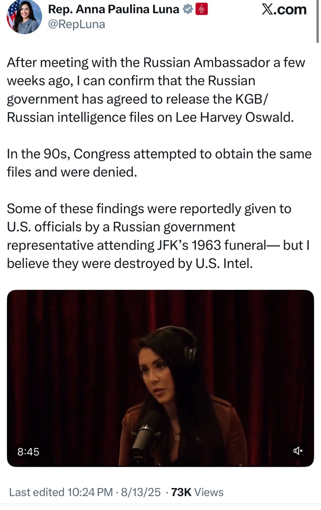 Rep. Luna says the KGB handed Oswald’s file to the US officials at JFK’s funeral, which she believes they&nbsp;destroyed