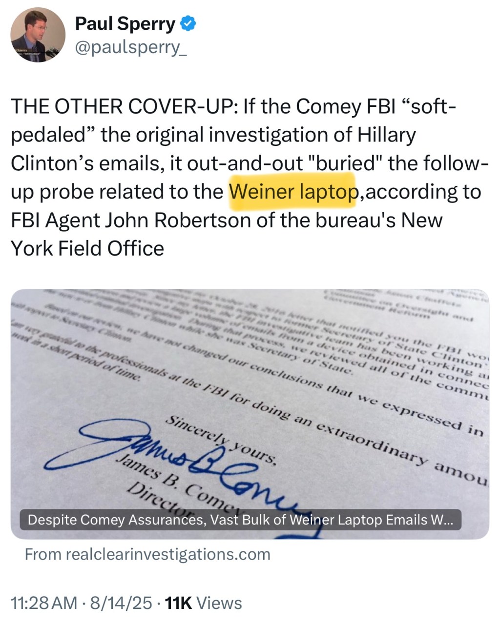 THE OTHER COVER-UP: If the Comey FBI “soft-pedaled” the original investigation of Hillary Clinton’s emails, it out-and-out “buried” the follow-up probe related to the Weiner&nbsp;laptop