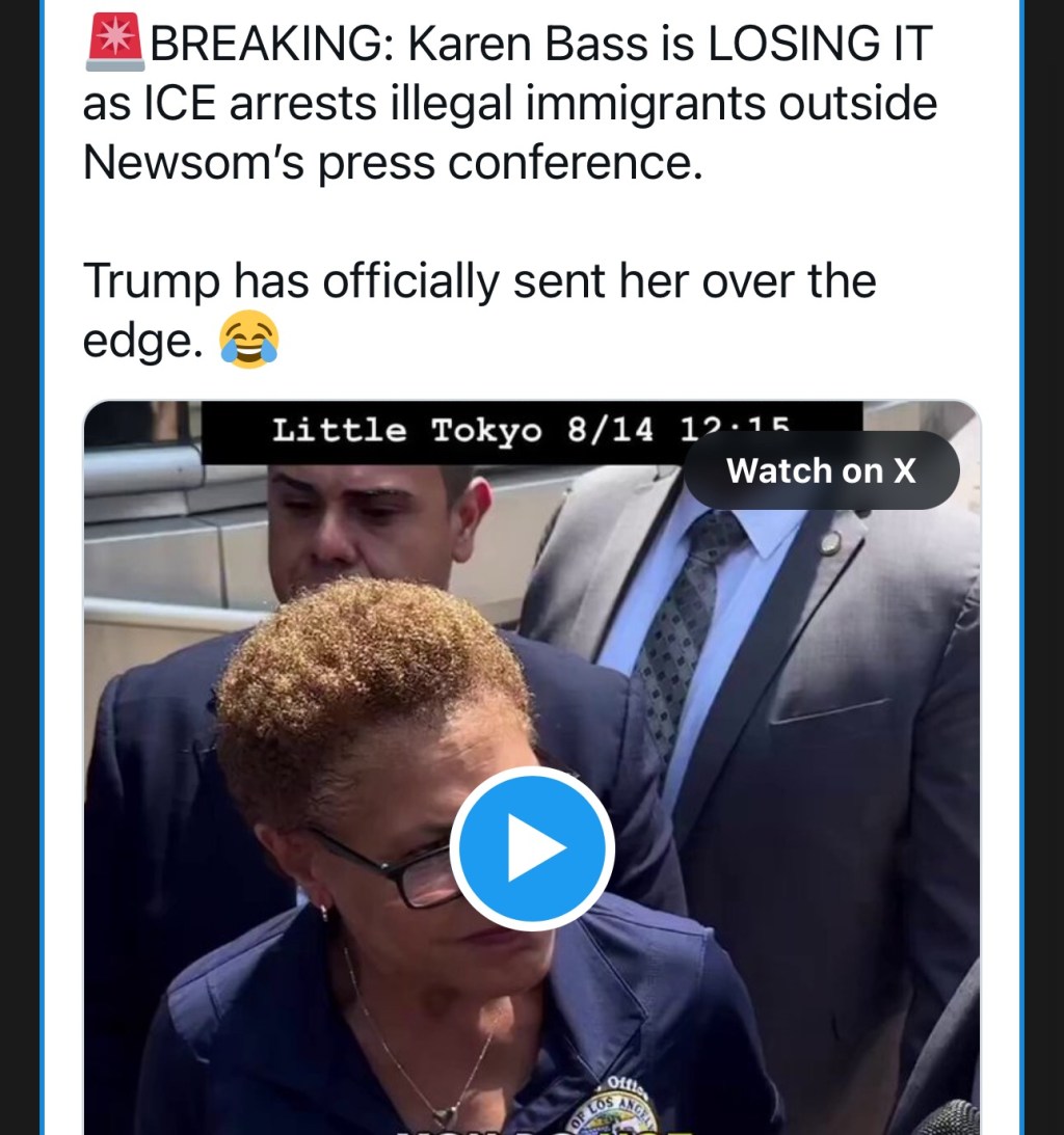 Karen Bass is LOSING IT as ICE arrests illegal immigrants outside Newsom’s press&nbsp;conference.