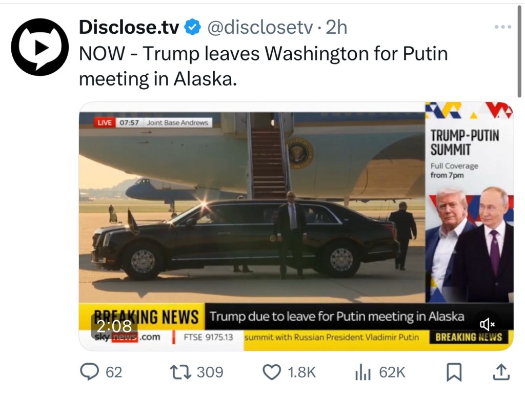 Trump leaves Washington for Putin meeting in&nbsp;Alaska