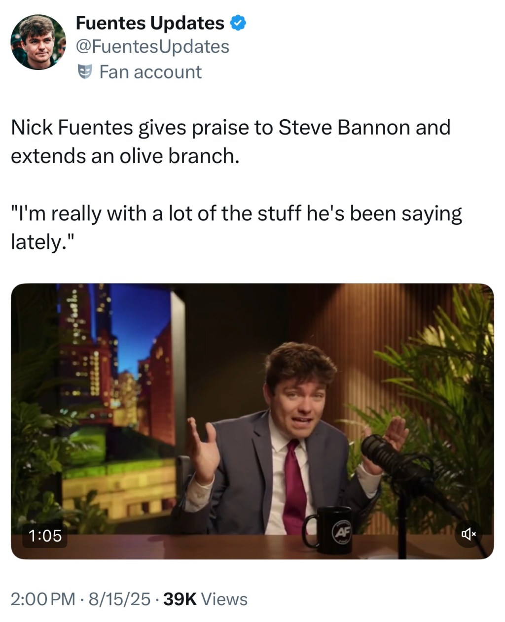Nick Fuentes gives praise to Steve Bannon and extends an olive&nbsp;branch.
