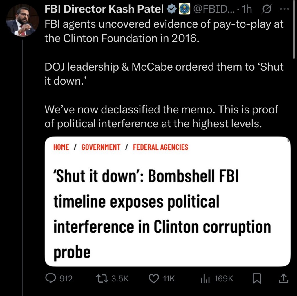 Kash Patel: FBI agents uncovered evidence of pay-to-play at the Clinton Foundation in&nbsp;2016