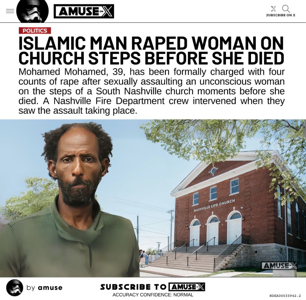 “Tennessee Man”, Mohamed Mohamed raped an unconscious woman on the steps of a church shortly before she died on&nbsp;Thursday