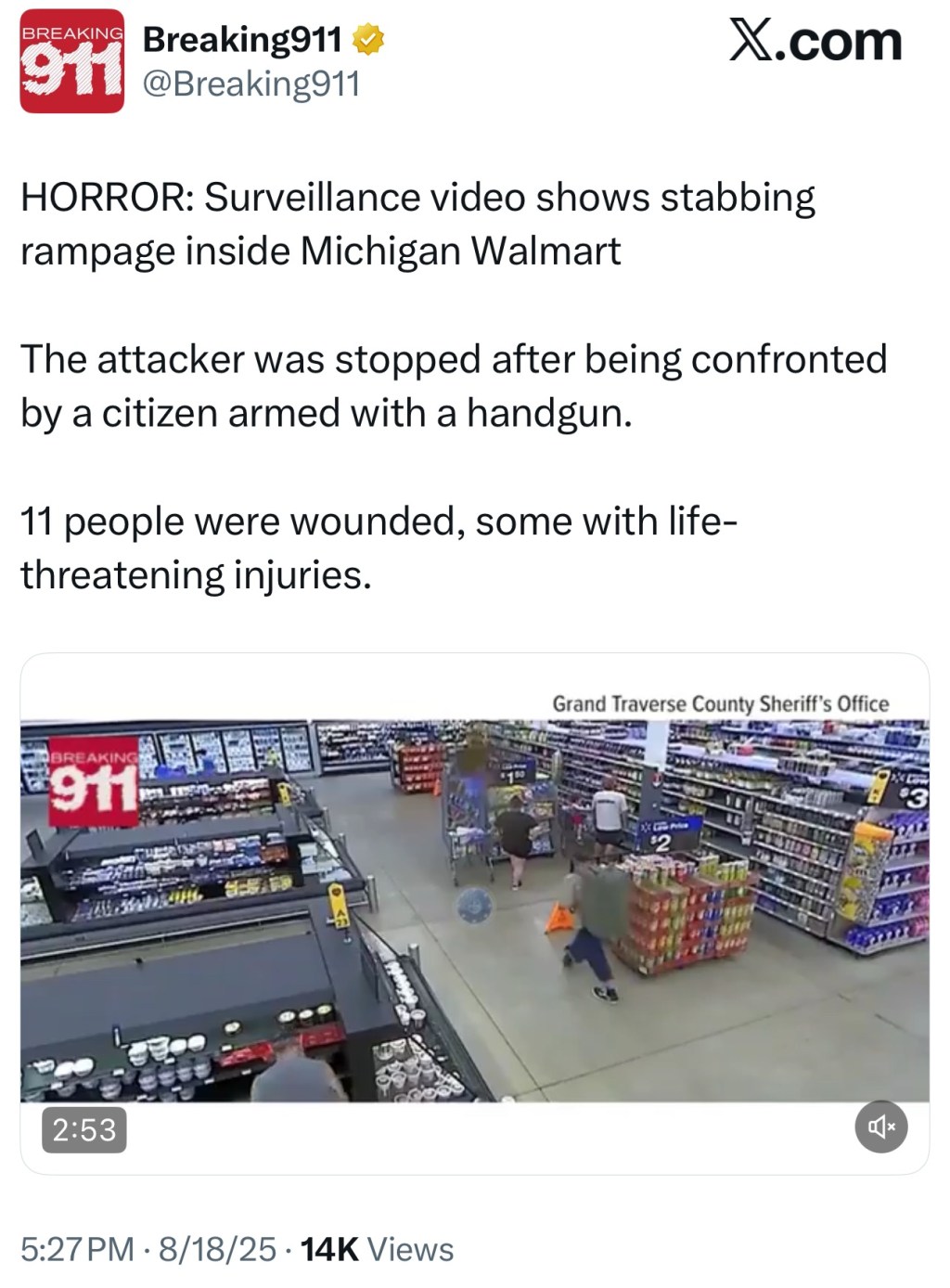 HORROR: Surveillance video shows stabbing rampage inside Michigan&nbsp;Walmart