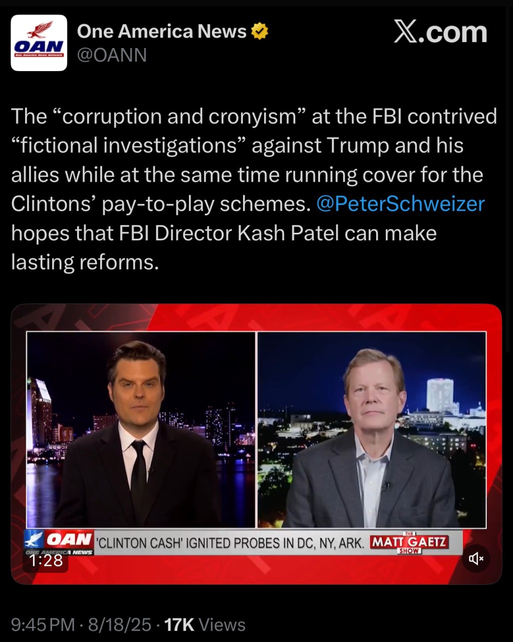 Schweizer: The “corruption and cronyism” at the FBI contrived “fictional investigations” against Trump and his allies while at the same time running cover for the Clintons’ pay-to-play&nbsp;schemes.