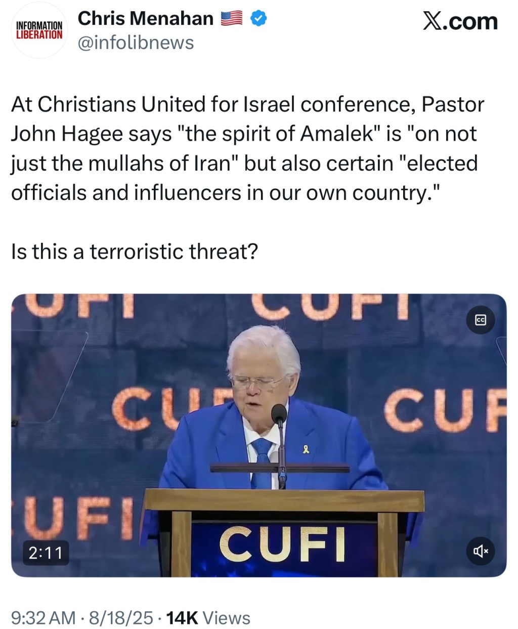 At Christians United for Israel conference, Pastor John Hagee says “the spirit of Amalek” is “on not just the mullahs of Iran” but also certain “elected officials and influencers in our own&nbsp;country.”