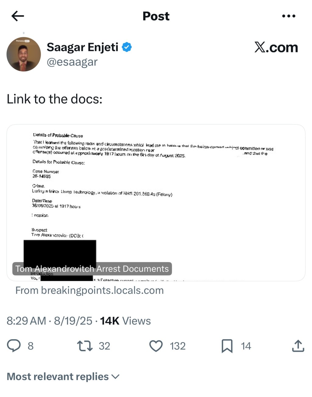 Documents pertaining to the arrest of Israeli government official Tom Alexandrovich caught up in a recent Las Vegas undercover child sex&nbsp;sting