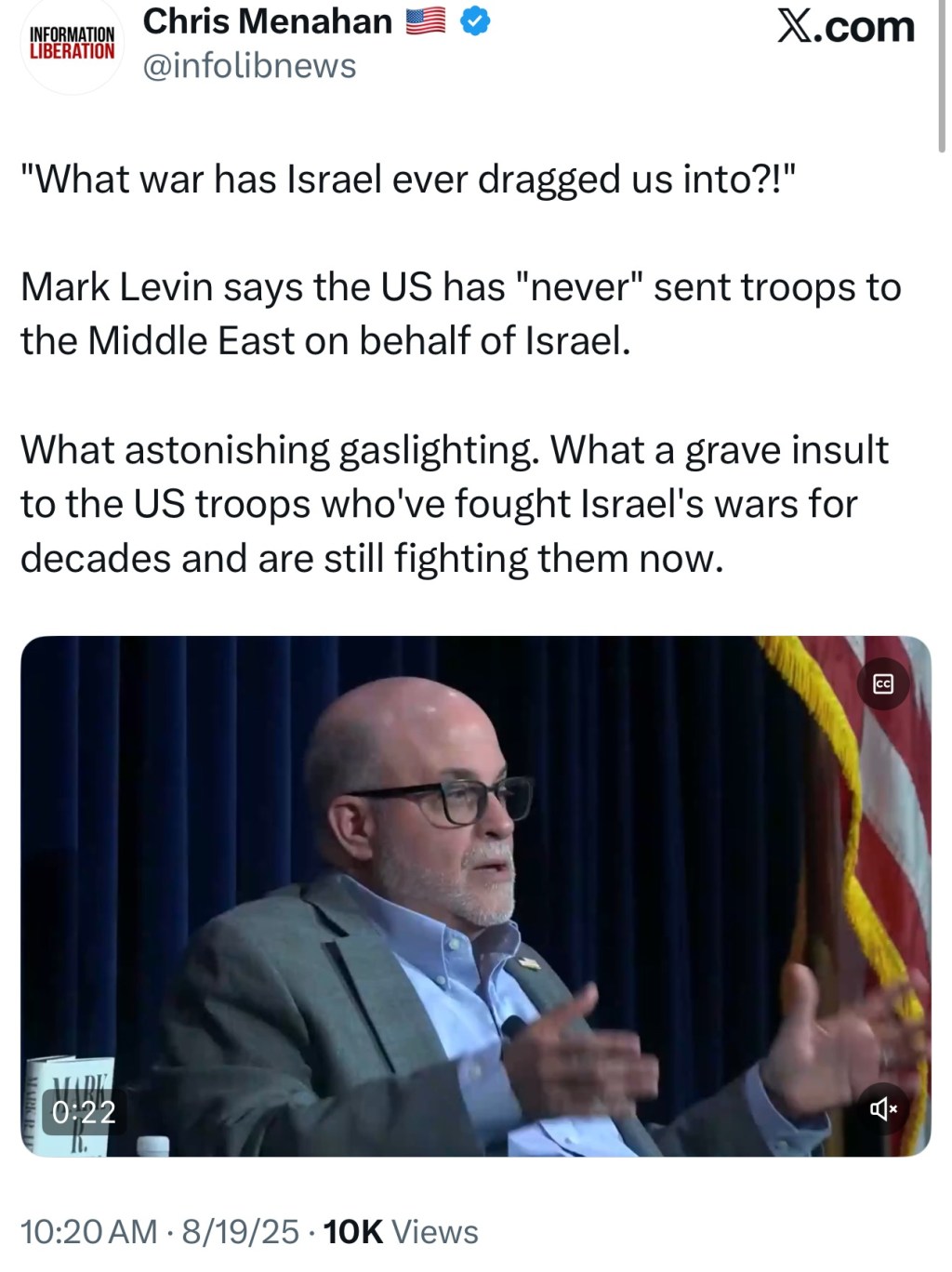 Mark Levin: “What war has Israel ever dragged us&nbsp;into?!”