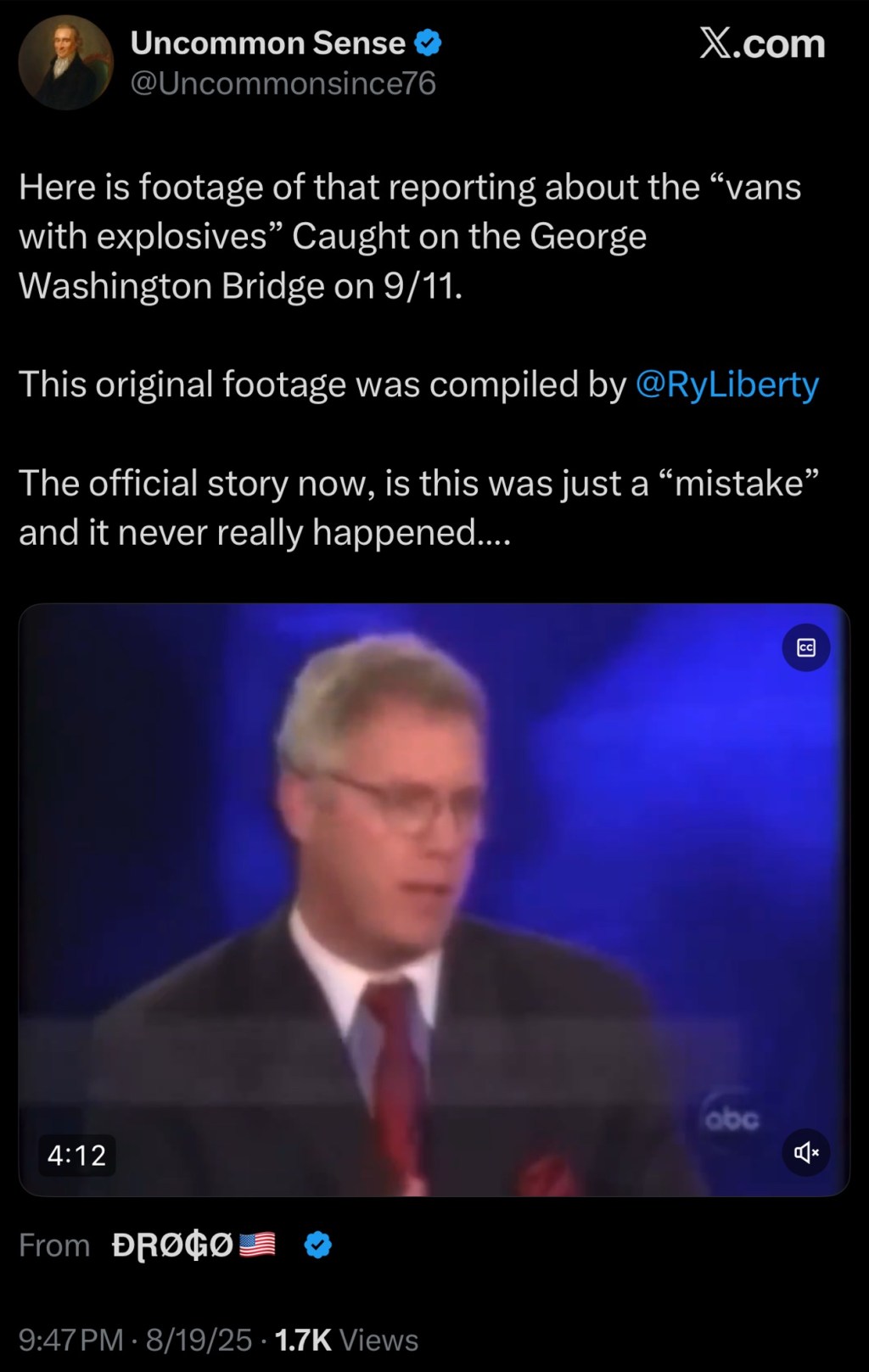 Here is footage of that reporting about the “vans with explosives” Caught on the George Washington Bridge on&nbsp;9/11