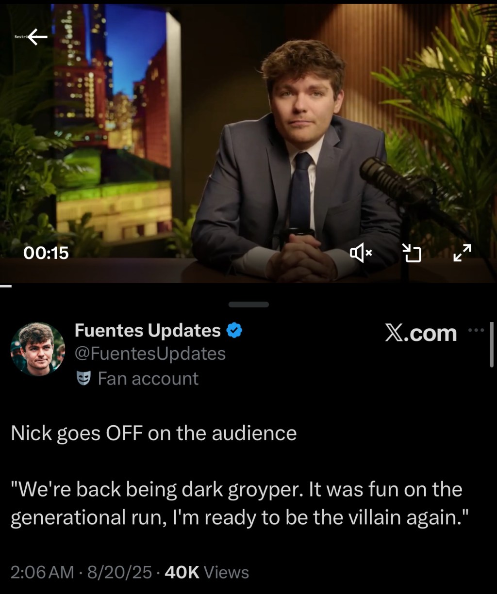 “We’re back being dark groyper. It was fun on the generational run, I’m ready to be the villain&nbsp;again.”