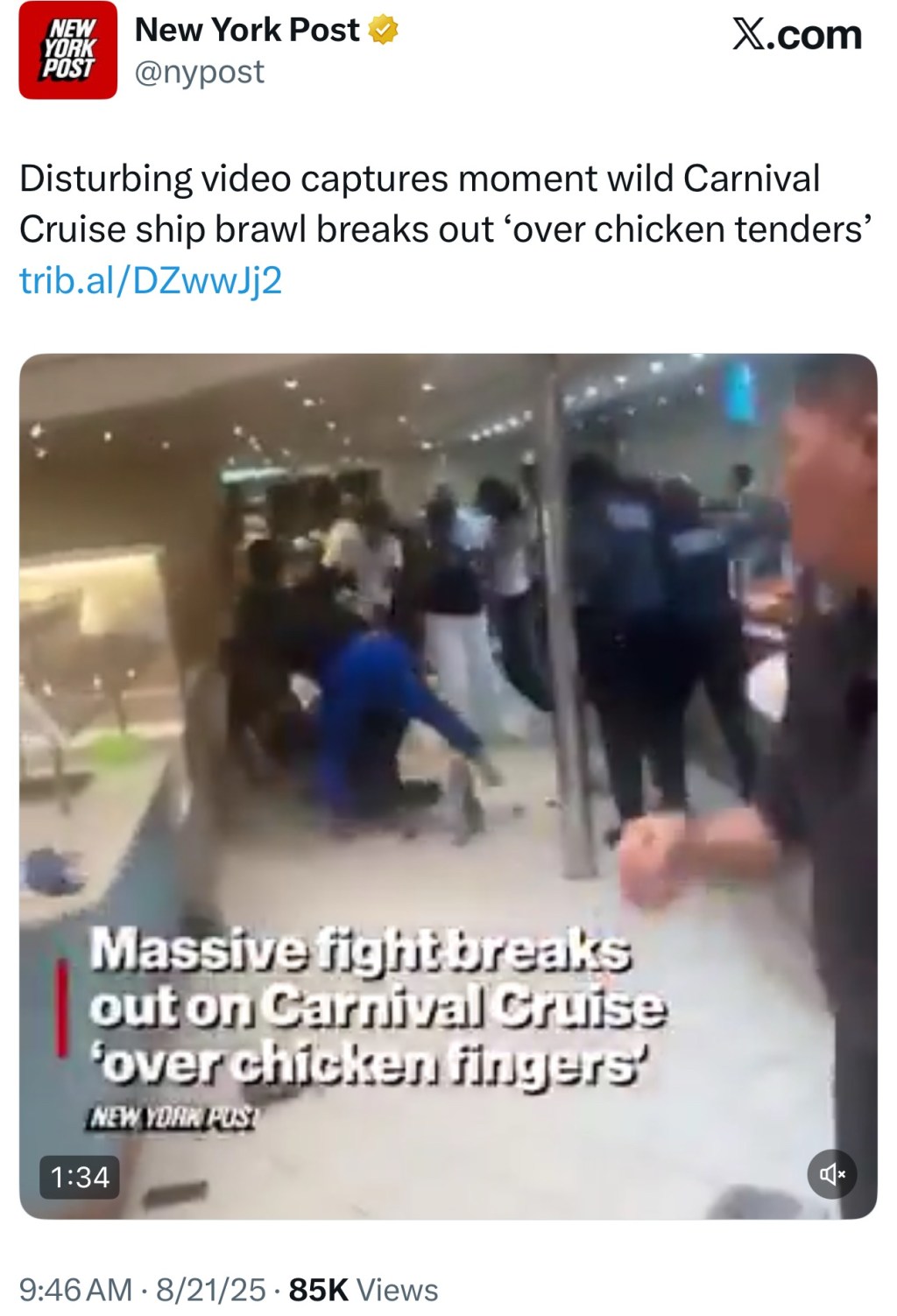 ON BRAND: Carnival Cruise ship brawl breaks out ‘over chicken&nbsp;tenders’