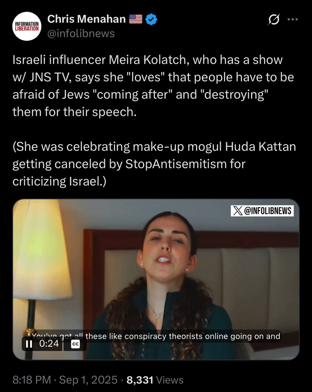 Israeli influencer Meira Kolatch, who has a show w/ JNS TV, says she “loves” that people have to be afraid of Jews “coming after” and “destroying” them for their&nbsp;speech.