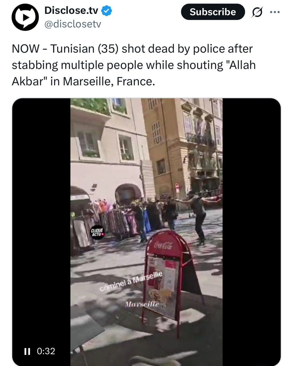 NOW – Tunisian (35) shot dead by police after stabbing multiple people while shouting “Allah Akbar” in Marseille,&nbsp;France.