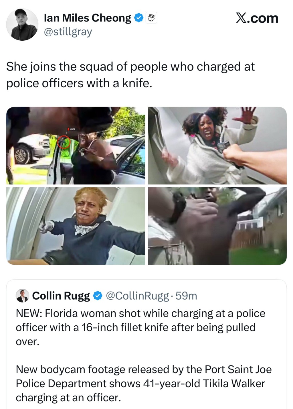 Florida woman shot while charging at a police officer with a 16-inch fillet knife after being pulled&nbsp;over.