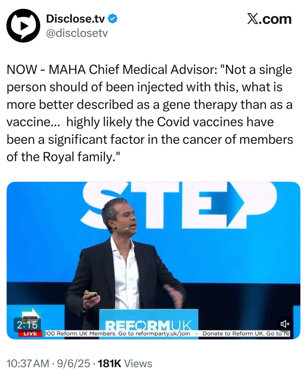 MAHA Chief Medical Advisor: “Not a single person should of been injected with this, what is more better described as a gene therapy than as a vaccine… highly likely the Covid vaccines have been a significant factor in the cancer of members of the Royal&nbsp;family.”