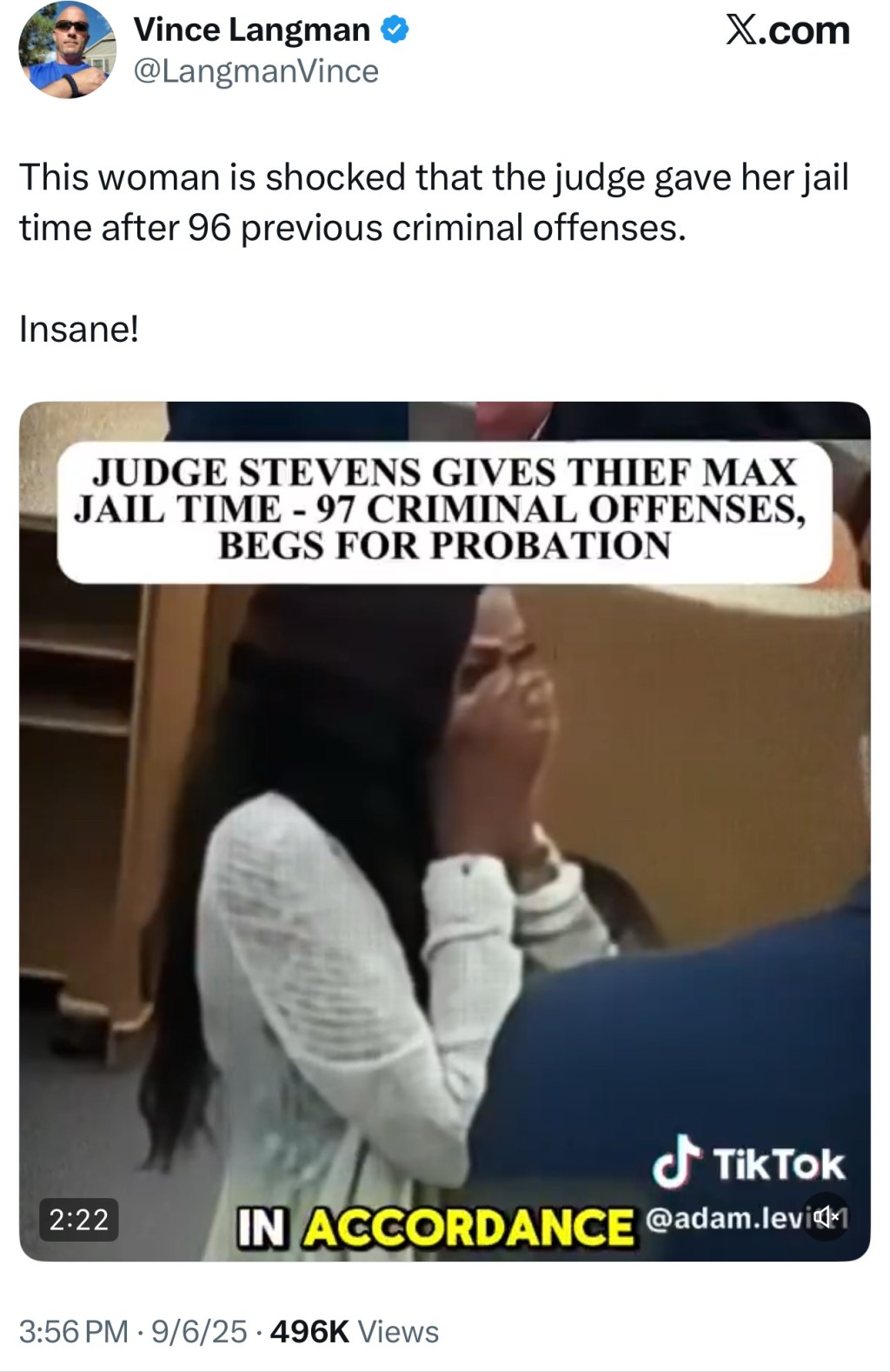 This woman is shocked that the judge gave her jail time after 96 previous criminal&nbsp;offenses.