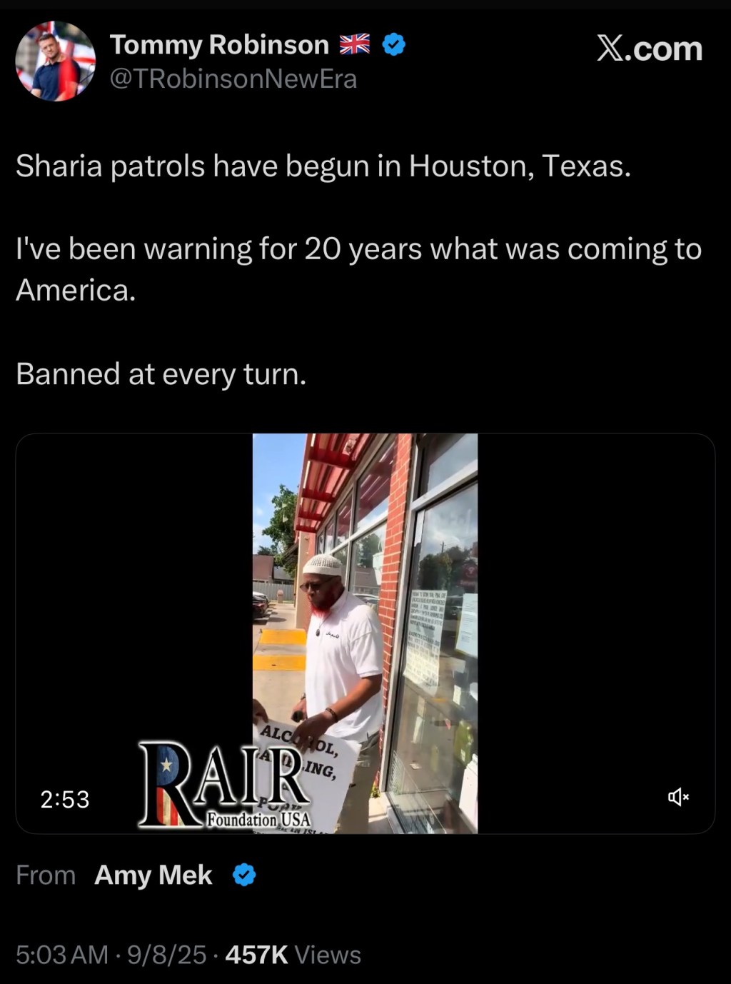 Sharia patrols have begun in Houston,&nbsp;Texas.