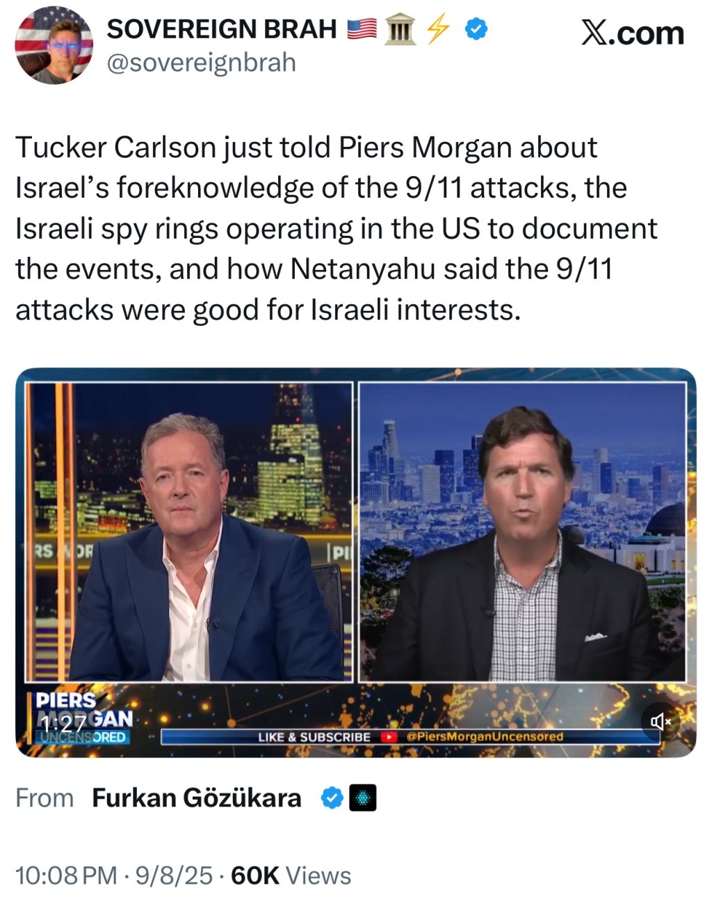 Tucker Carlson says Benjamin Netanyahu called 9/11 a “good thing” for US-Israel&nbsp;relations.