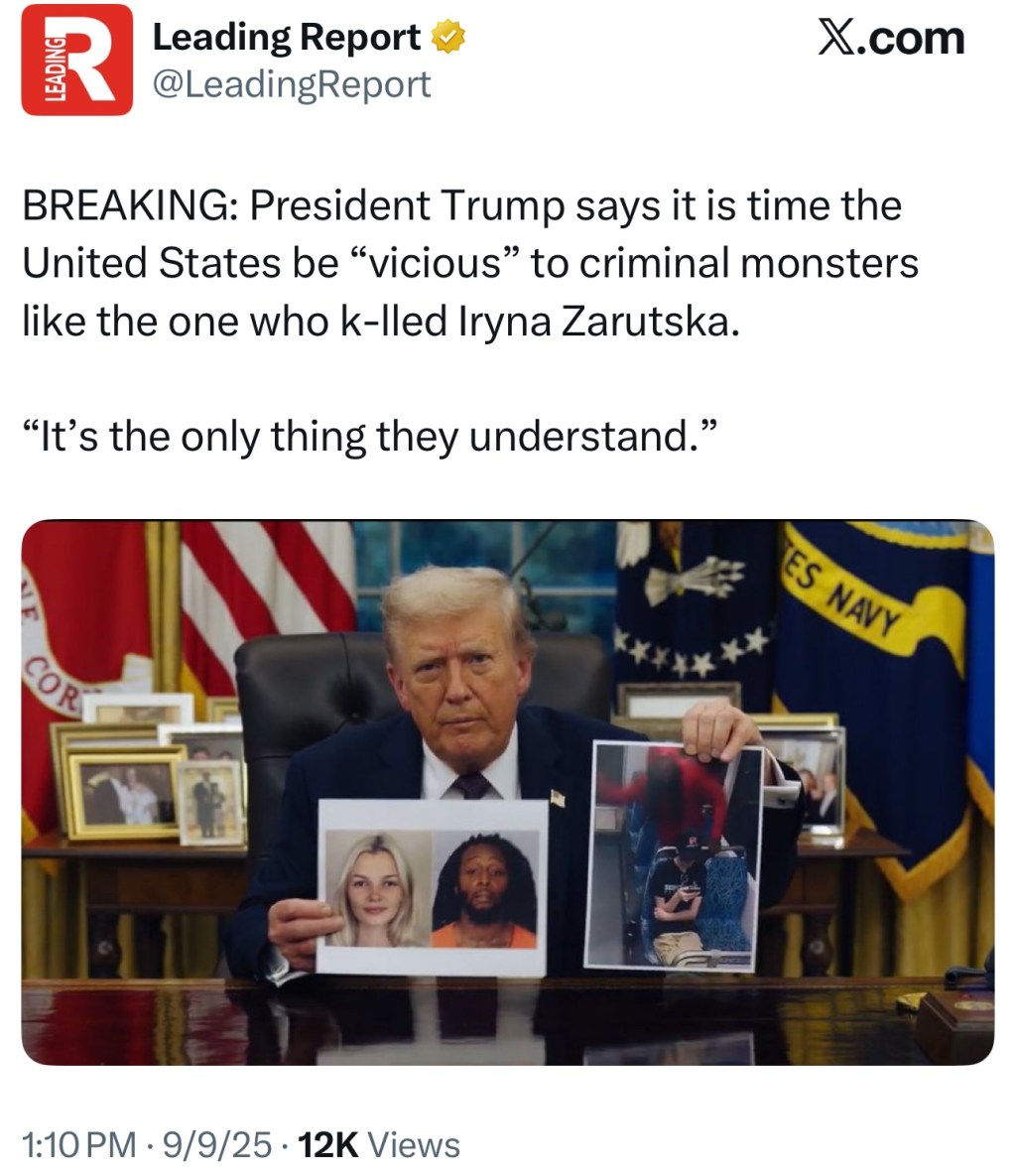 Trump addressing the k*IIing of Iryna Zarutska, from Oval&nbsp;Office.