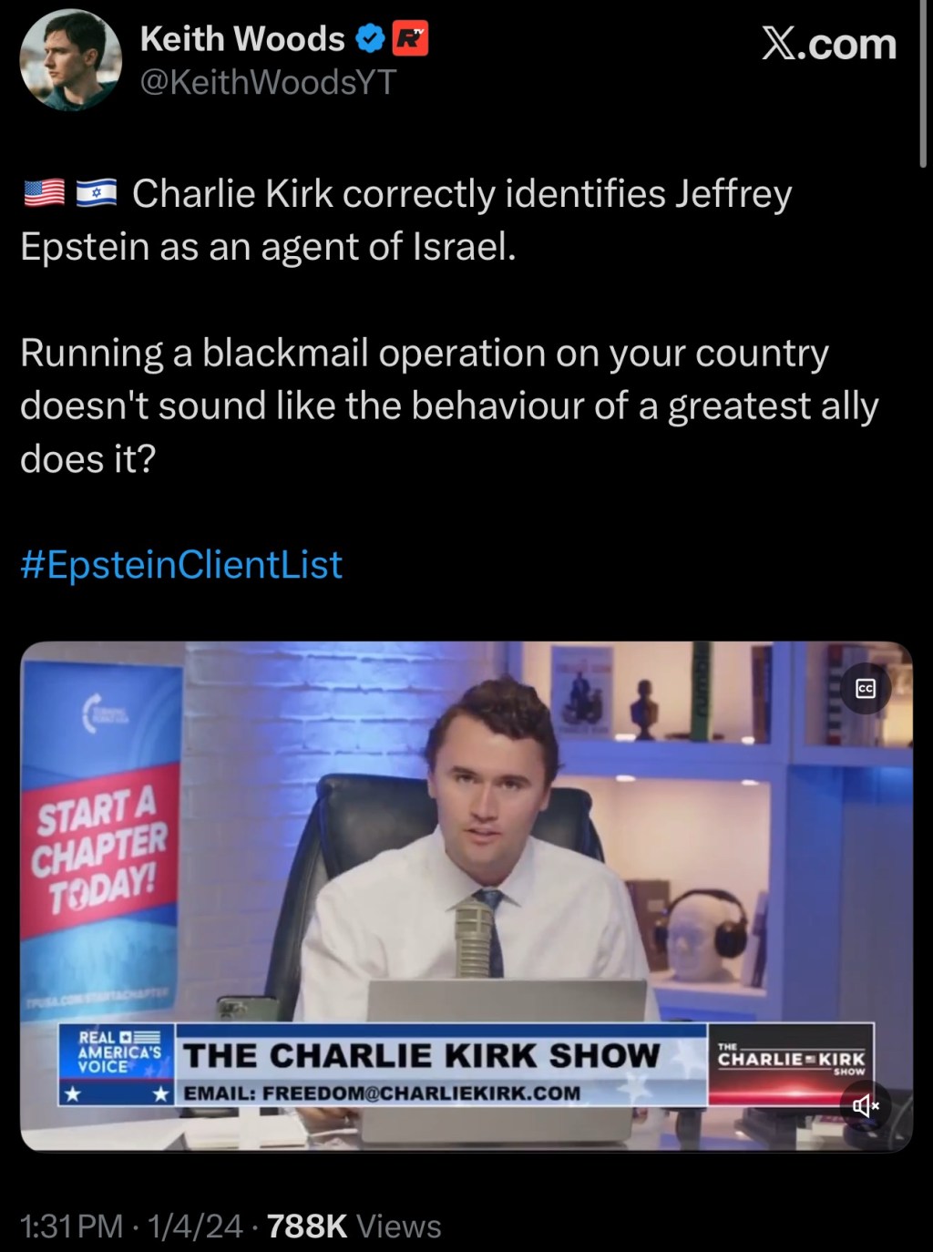 Charlie Kirk correctly identifies Jeffrey Epstein as an agent of&nbsp;Israel