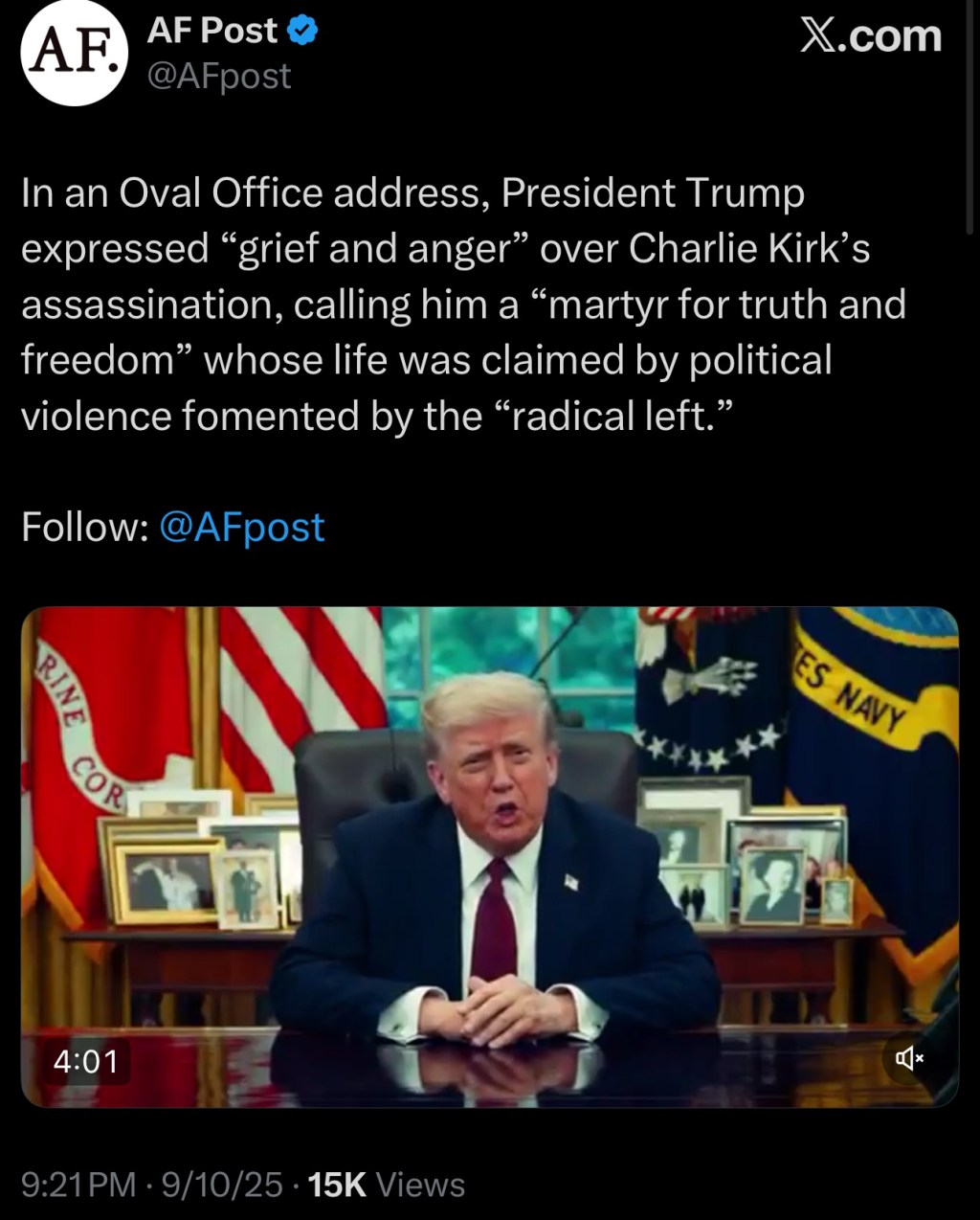 In an Oval Office address, President Trump expressed “grief and anger” over Charlie Kirk’s&nbsp;assassination
