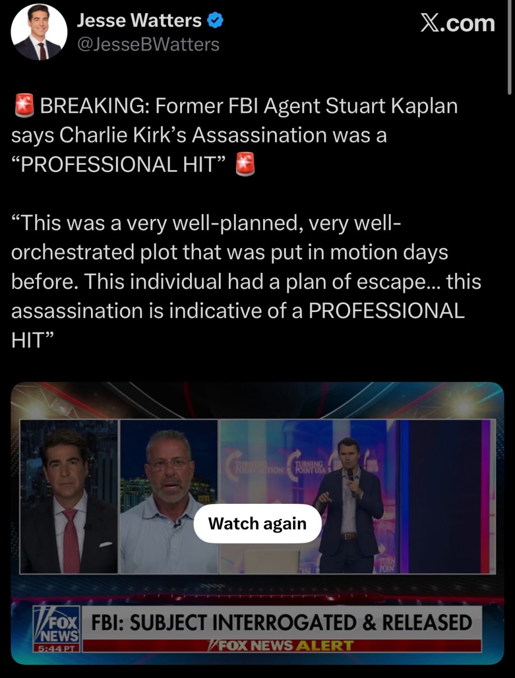 🚨BREAKING: Former FBI Agent Stuart Kaplan says Charlie Kirk’s Assassination was a “PROFESSIONAL HIT”&nbsp;🚨