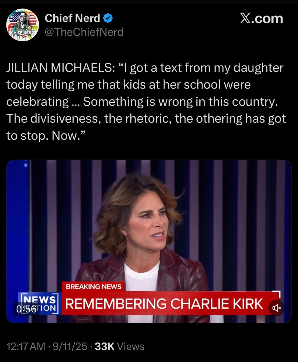 JILLIAN MICHAELS: “I got a text from my daughter today telling me that kids at her school were celebrating … Something is wrong in this country. The divisiveness, the rhetoric, the othering has got to stop.&nbsp;Now.”