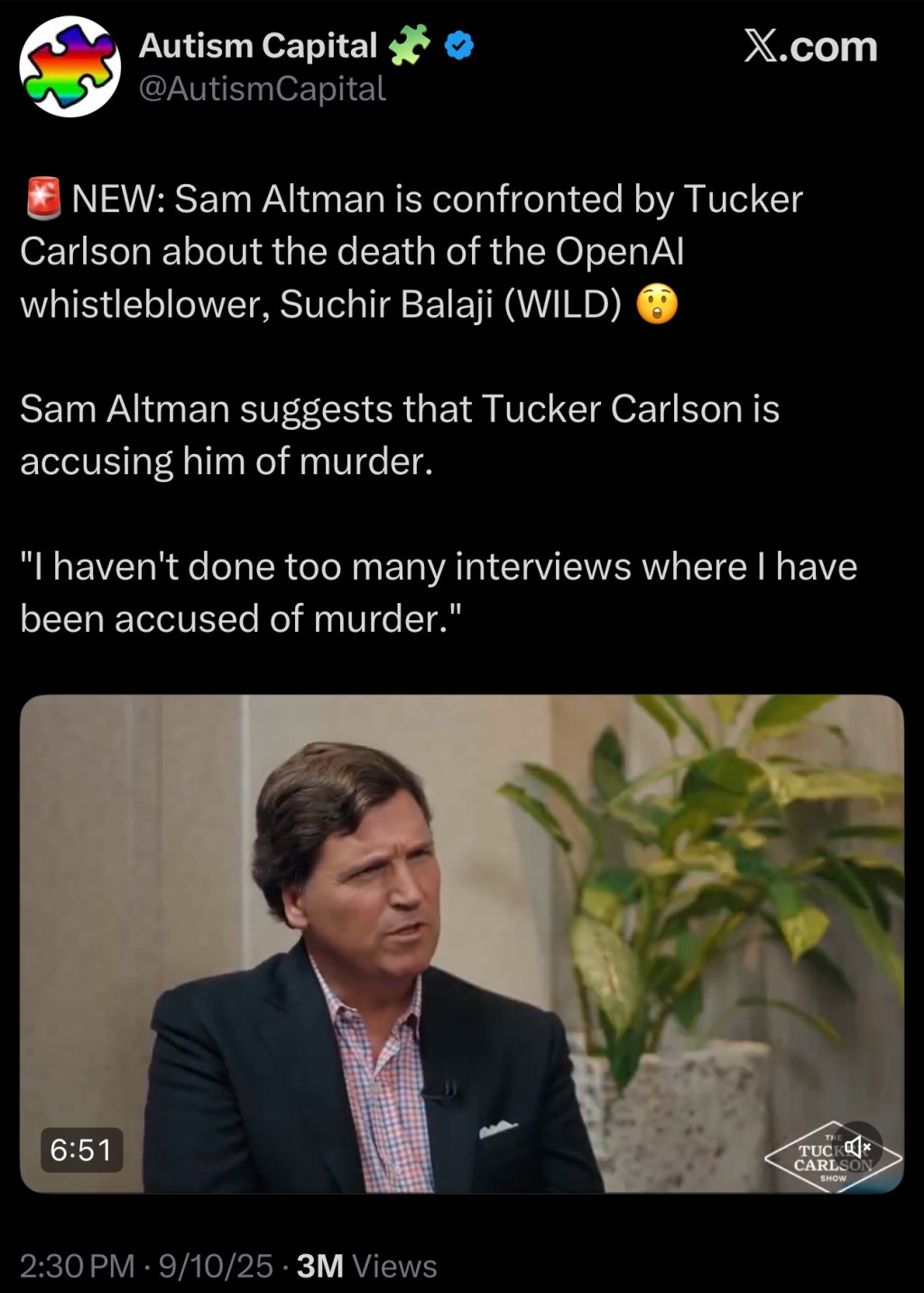 Sam Altman is confronted by Tucker Carlson about the death of the OpenAI whistleblower, Suchir&nbsp;Balaji