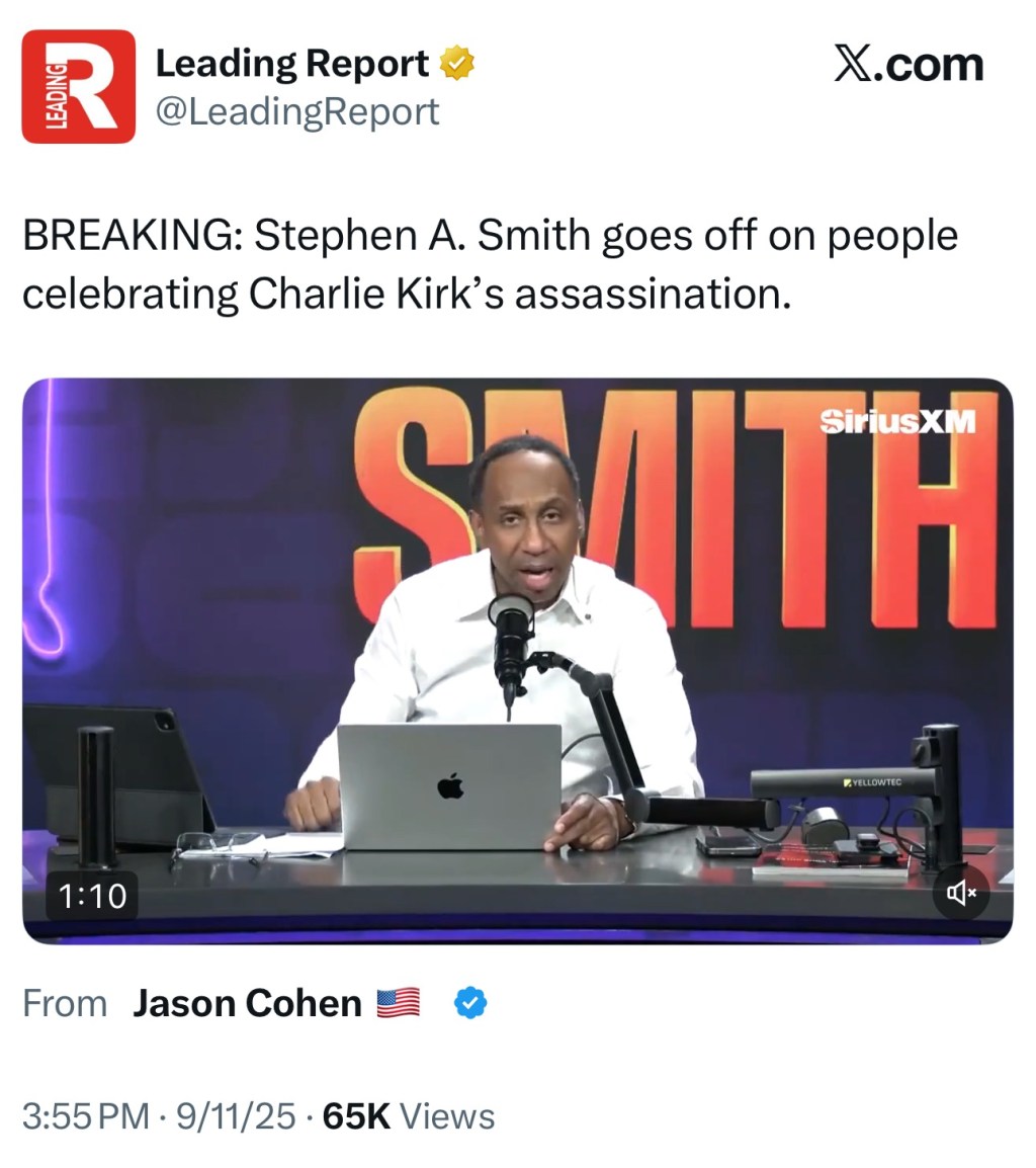 Stephen A Smith crashes out on leftists celebrating Charlie Kirk’s&nbsp;death