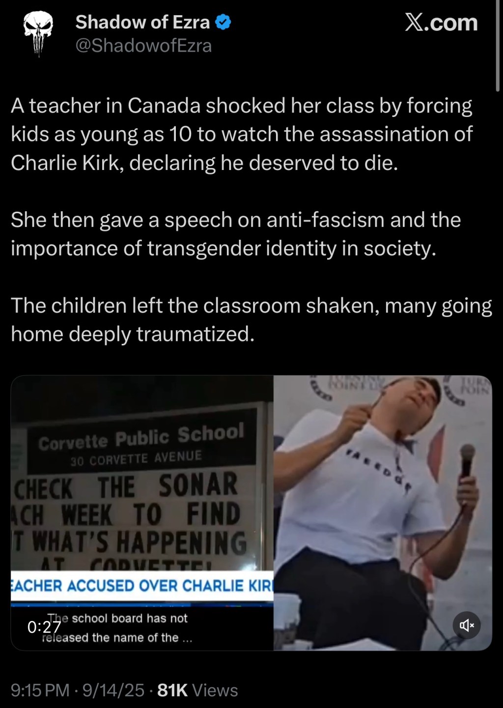 A teacher in Canada shocked her class by forcing kids as young as 10 to watch the assassination of Charlie Kirk, declaring he deserved to&nbsp;die.