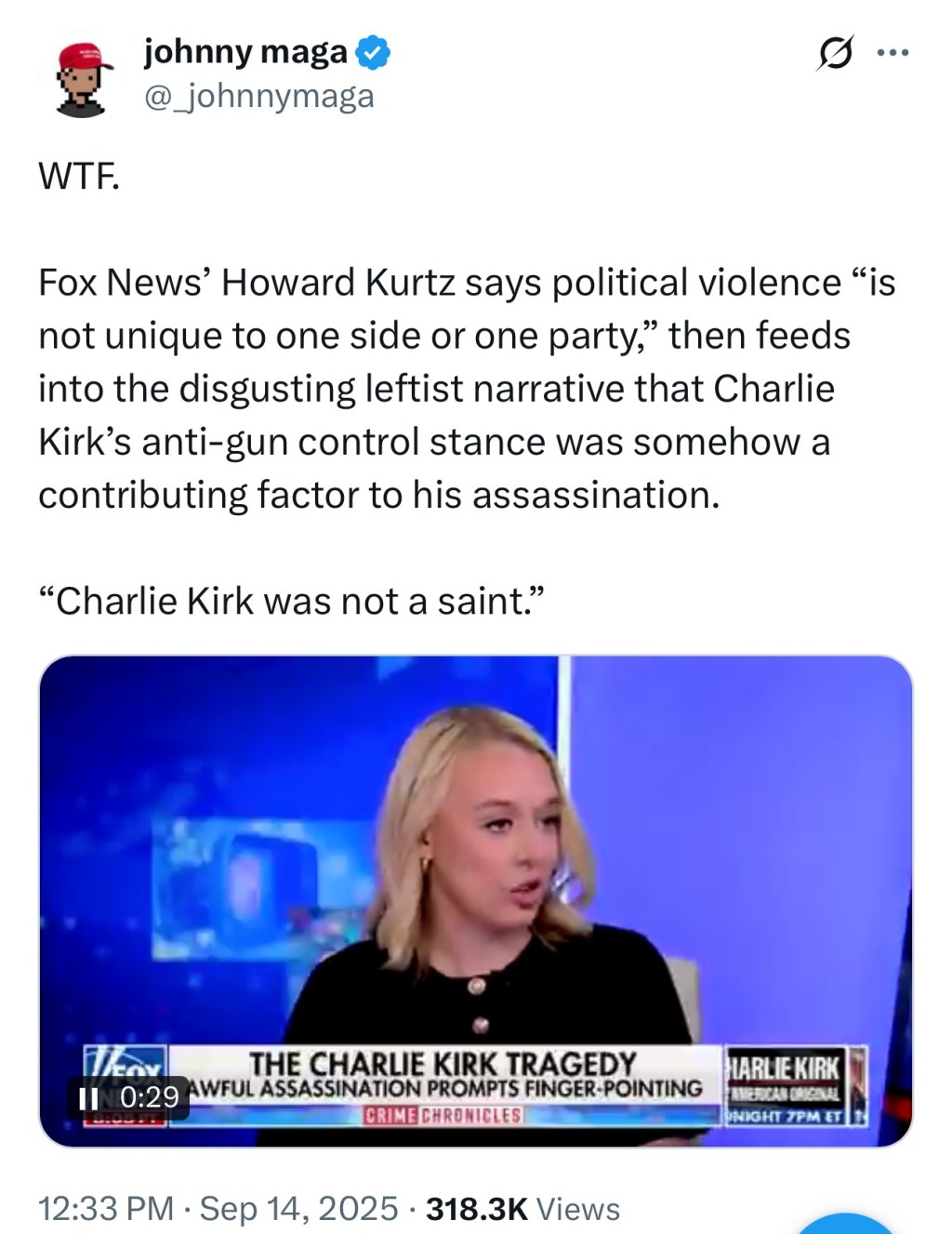 Howard Kurtz says on Fox News that Charlie Kirk was “no saint” and that political violence is “not unique” to one&nbsp;side.