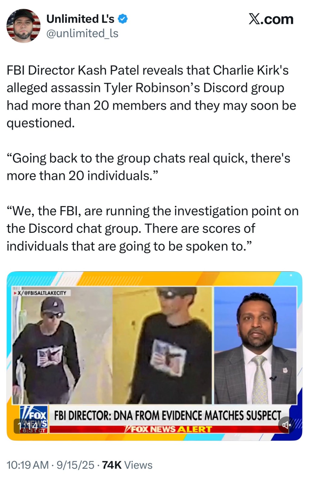 FBI Director Kash Patel reveals that Charlie Kirk’s alleged assassin Tyler Robinson’s Discord group had more than 20 members and they may soon be&nbsp;questioned.