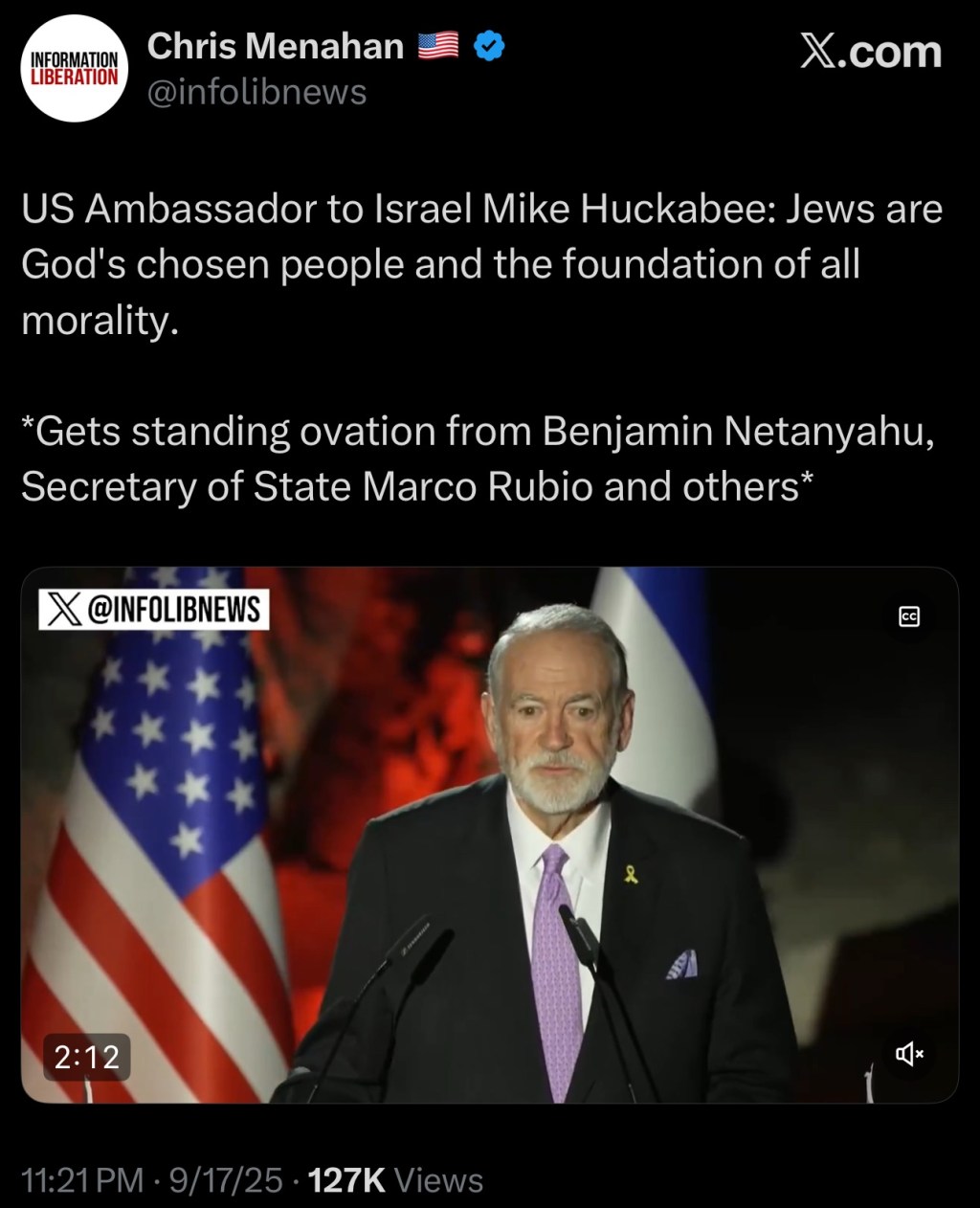 US Ambassador to Israel Mike Huckabee: Jews are God’s chosen people and the foundation of all&nbsp;morality.