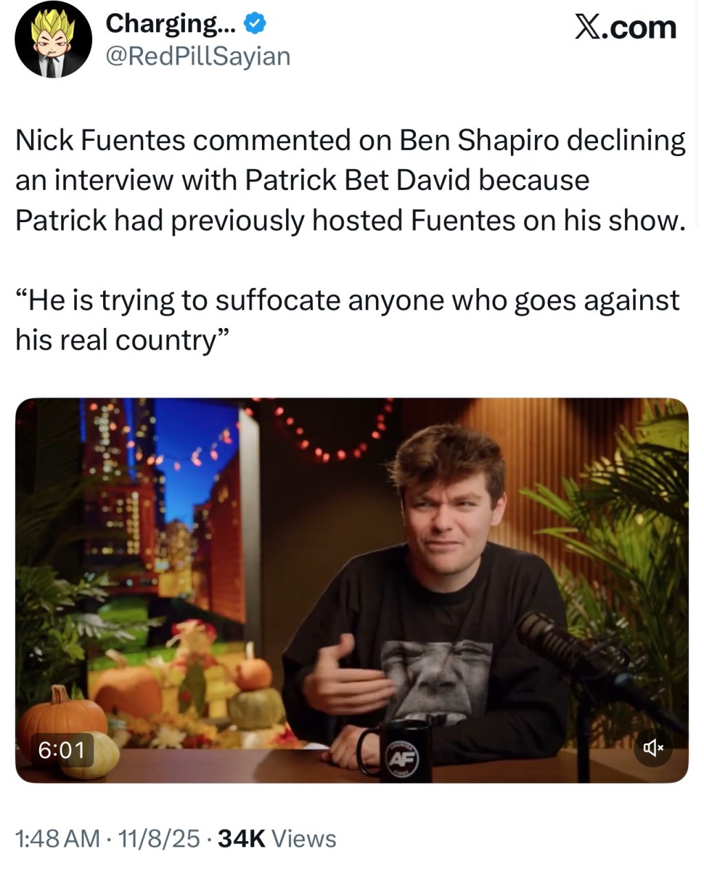 Nick Fuentes Comments on Ben Shapiro Declining an Interview with PBD&nbsp;(11/7/25)