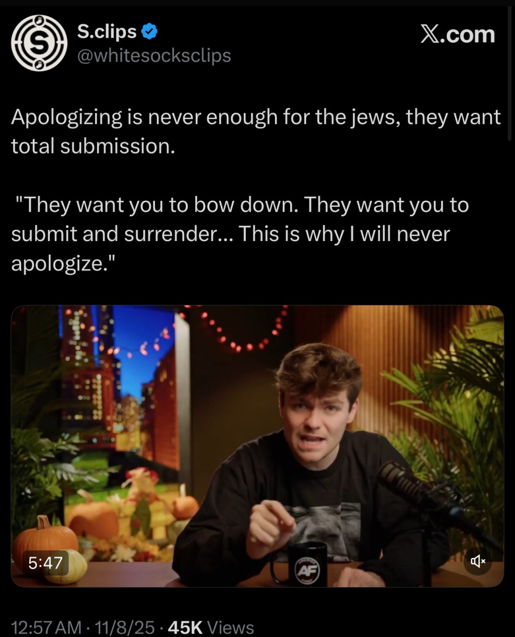 Nick Fuentes: Apologizing is Never Enough for the&nbsp;J*ws